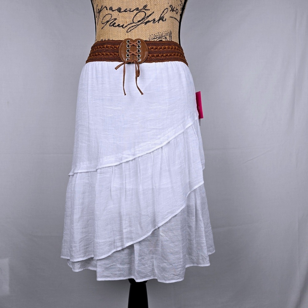 Amy Byer Girls White Tiered Ruffle Skirt Brown Elastic‎ Lace Up Waist (L) 14 NWT